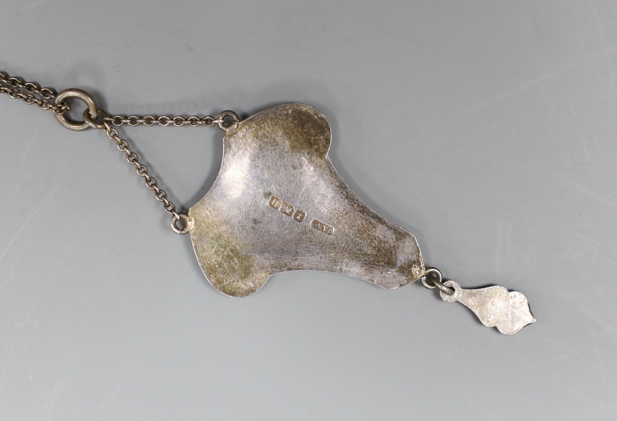 A George V enamelled silver drop pendant, 4.75cm, on original fine chain, hallmarked Birmingham 1912